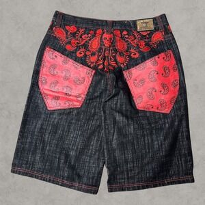 Reve Denim Shorts Mens 38 Black Red Embroidered Skull Paisley Y2K Streetwear